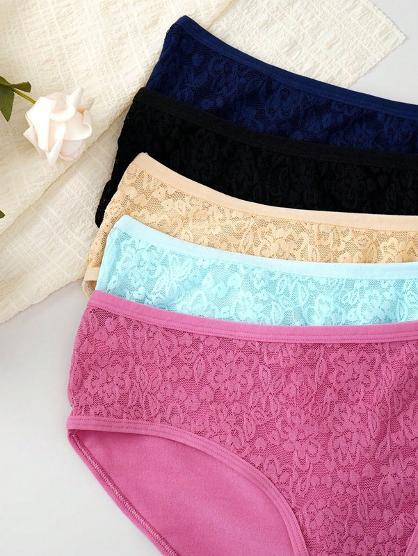 Mujeres moda unicolor encaje patchwork triangulo panties, paquete de 5