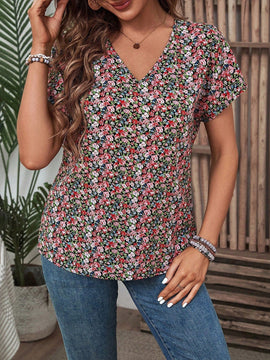 EMERY ROSE Camisa con estampado floral con cuello en V, estilo de vacaciones