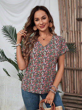 EMERY ROSE Camisa con estampado floral con cuello en V, estilo de vacaciones