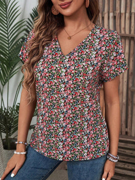 EMERY ROSE Camisa con estampado floral con cuello en V, estilo de vacaciones
