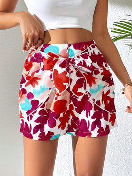 EMERY ROSE Pantalones cortos flojos de talle alto para mujer con estampado floral de verano y detalle de nudo