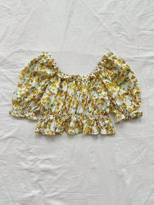 WYWH Camisa Floral Casual Estilo Vacacional Para Mujeres Con Ribete De Volantes, Cuello Grande En Forma De U Y Mangas Abullonadas