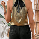 Prive Blusa sin mangas negra para mujer con cuello dorado, banda de cuello posterior negra y corbata de mono