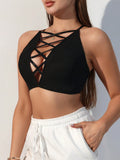 Bralette de cuello halter cruzado y hueco unicolor para mujer