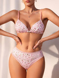 Conjunto De Sujetador Sin Alambre Y Panty Triangular Con Estampado Floral Y Encaje Para Mujer