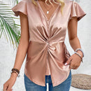 Top De Verano Casual Con Detalle Retorcido En El Frente Y Dobladillo Con Volantes Y Adornos