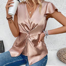 Top De Verano Casual Con Detalle Retorcido En El Frente Y Dobladillo Con Volantes Y Adornos