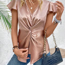 Top De Verano Casual Con Detalle Retorcido En El Frente Y Dobladillo Con Volantes Y Adornos