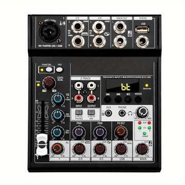 Mezclador de audio DJ Tynan de 5 canales con reproducción USB, alimentación fantasma de 48V, conectividad potente y diseño compacto, ideal para pequeños conciertos, presentaciones en vivo y uso profesional de DJ, accesorios para DJ