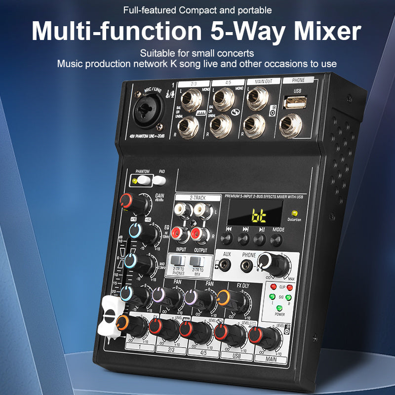 Mezclador de audio DJ Tynan de 5 canales con reproducción USB, alimentación fantasma de 48V, conectividad potente y diseño compacto, ideal para pequeños conciertos, presentaciones en vivo y uso profesional de DJ, accesorios para DJ