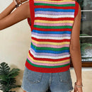 VCAY Chaleco de sueter sin mangas para mujer con cuello redondo y rayas de colores en la parte superior