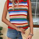 VCAY Chaleco de sueter sin mangas para mujer con cuello redondo y rayas de colores en la parte superior