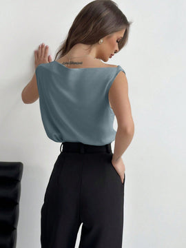 Aloruh Blusa Sin Mangas Con Cuello Irregular Y Pliegues, Adecuada Para Uso Diario Y De Oficina, Estilo Elegante Y Chic