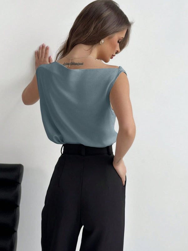 Aloruh Blusa Sin Mangas Con Cuello Irregular Y Pliegues, Adecuada Para Uso Diario Y De Oficina, Estilo Elegante Y Chic