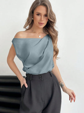 Aloruh Blusa Sin Mangas Con Cuello Irregular Y Pliegues, Adecuada Para Uso Diario Y De Oficina, Estilo Elegante Y Chic