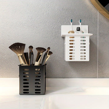 Organizador de Pared Versátil para Cepillos de Dientes, Brochas de Maquillaje - No Requiere Taladro, Estante de Baño Negro y Blanco con Drenaje, Accesorio Multifuncional para Cocina y Baño