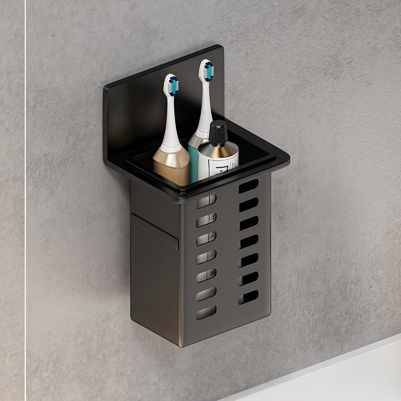 Organizador de Pared Versátil para Cepillos de Dientes, Brochas de Maquillaje - No Requiere Taladro, Estante de Baño Negro y Blanco con Drenaje, Accesorio Multifuncional para Cocina y Baño