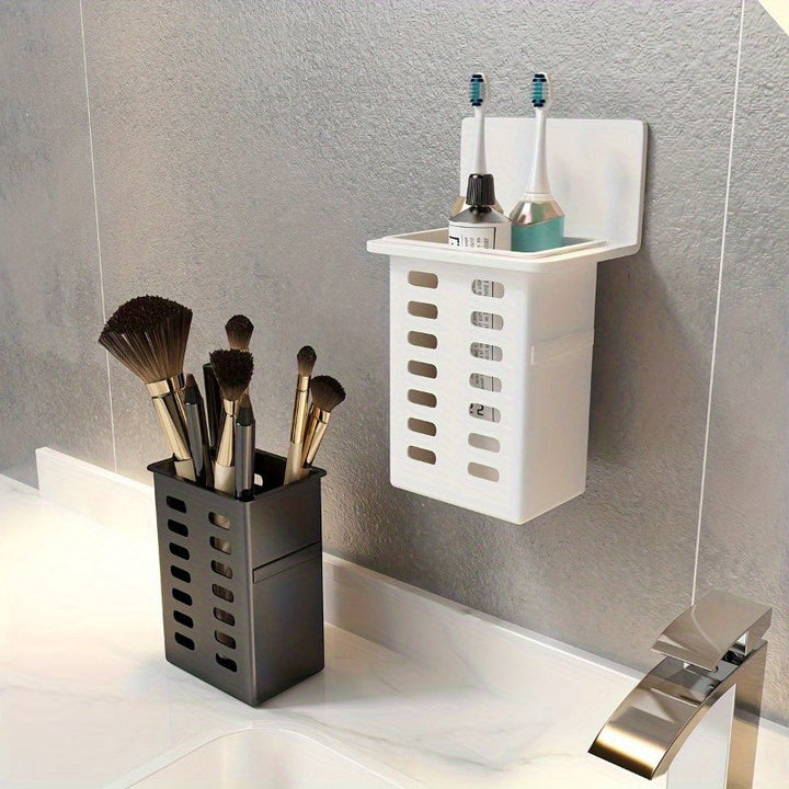 Organizador de Pared Versátil para Cepillos de Dientes, Brochas de Maquillaje - No Requiere Taladro, Estante de Baño Negro y Blanco con Drenaje, Accesorio Multifuncional para Cocina y Baño