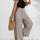 Pantalones anchos casuales y elegantes de estilo bohemio con tejido decorado de punto con diseno impreso en todo el pantalon, cintura fruncida y detalle de cordon
