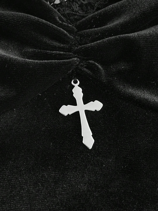 ROMWE Goth Conjunto de lenceria de terciopelo y encaje con colgante de cruz