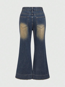 ROMWE Grunge Punk Jeans acampanados vintage para mujeres con efecto gastado y dobladillo deshilachado