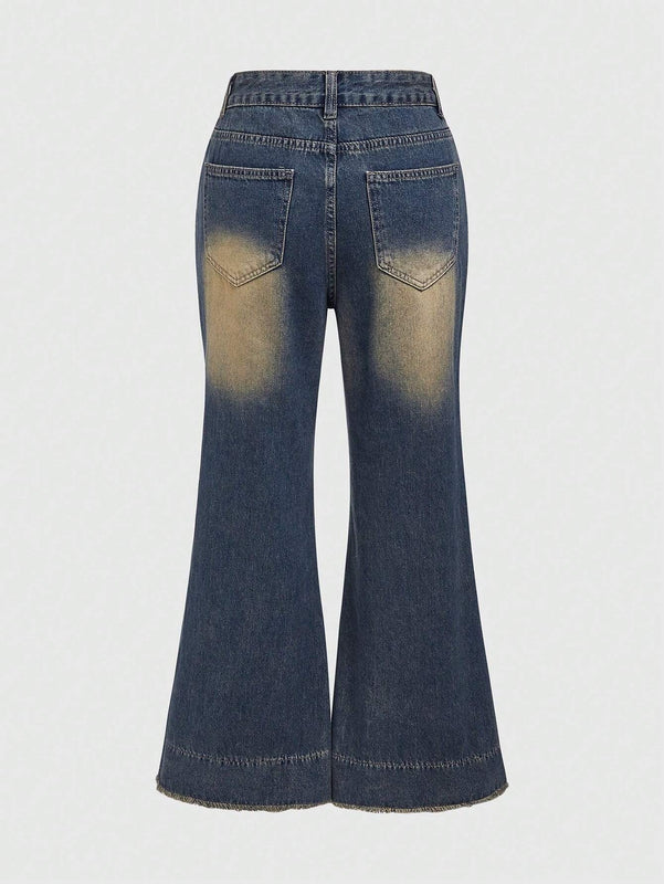 ROMWE Grunge Punk Jeans acampanados vintage para mujeres con efecto gastado y dobladillo deshilachado