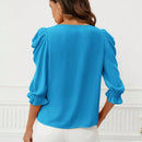 Blusa de manga con volantes de loto unicolor para mujer