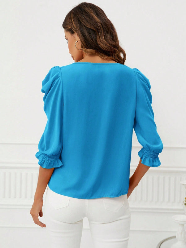 Blusa de manga con volantes de loto unicolor para mujer