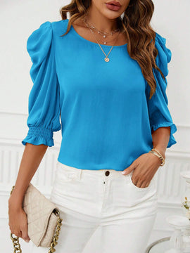 Blusa de manga con volantes de loto unicolor para mujer