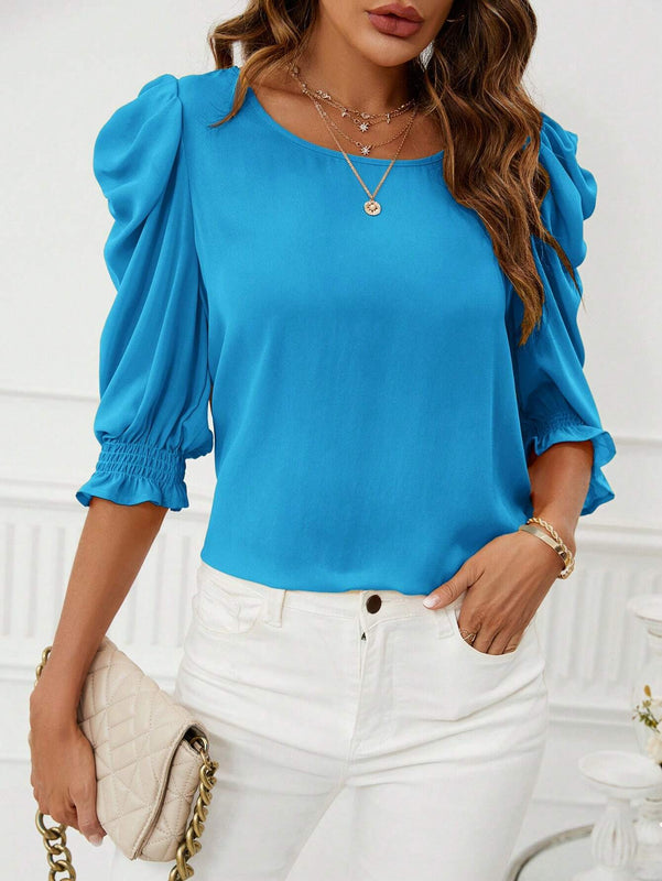Blusa de manga con volantes de loto unicolor para mujer