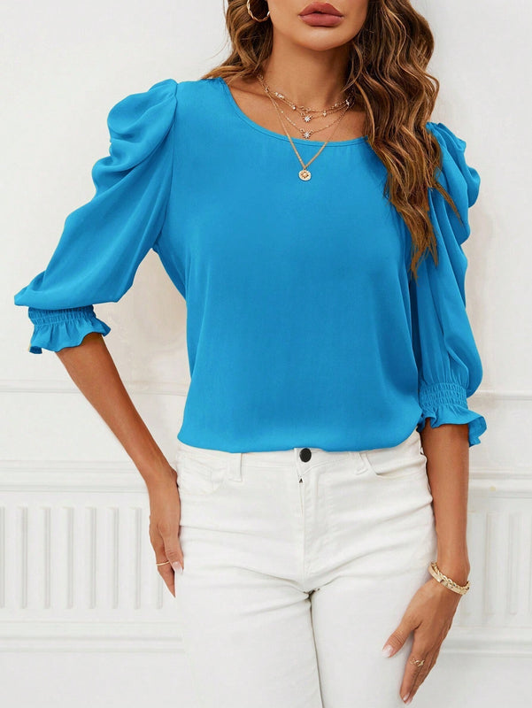 Blusa de manga con volantes de loto unicolor para mujer