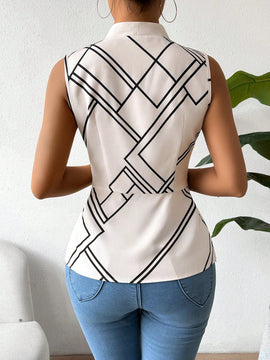 Prive Camisa casual de verano sin mangas para mujer con escote en V y estampado geometrico, top de cintura envuelta con volantes