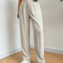 Ezwear pantalones de lino simples y diarios de unicolor para mujer con cinturon, ajuste delgado