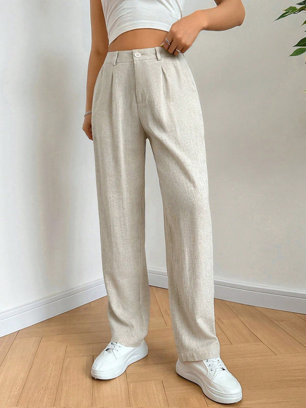 Ezwear pantalones de lino simples y diarios de unicolor para mujer con cinturon, ajuste delgado