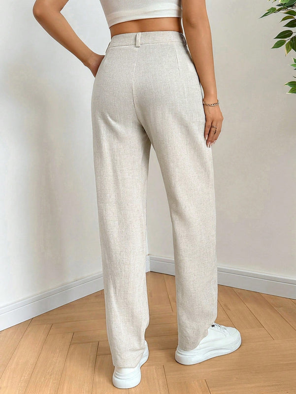 Ezwear pantalones de lino simples y diarios de unicolor para mujer con cinturon, ajuste delgado