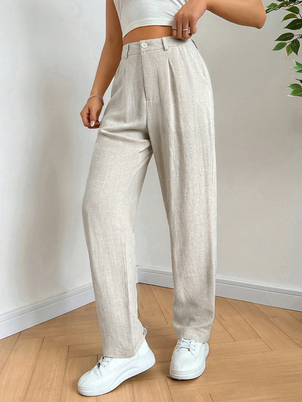 Ezwear pantalones de lino simples y diarios de unicolor para mujer con cinturon, ajuste delgado