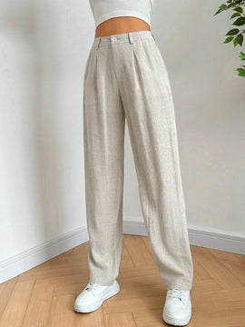 Ezwear pantalones de lino simples y diarios de unicolor para mujer con cinturon, ajuste delgado