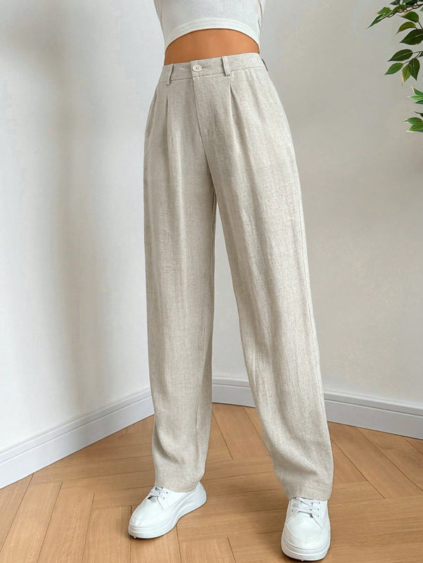 Ezwear pantalones de lino simples y diarios de unicolor para mujer con cinturon, ajuste delgado