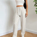 Ezwear pantalones de lino simples y diarios de unicolor para mujer con cinturon, ajuste delgado