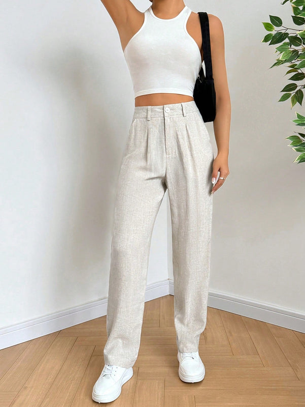 Ezwear pantalones de lino simples y diarios de unicolor para mujer con cinturon, ajuste delgado
