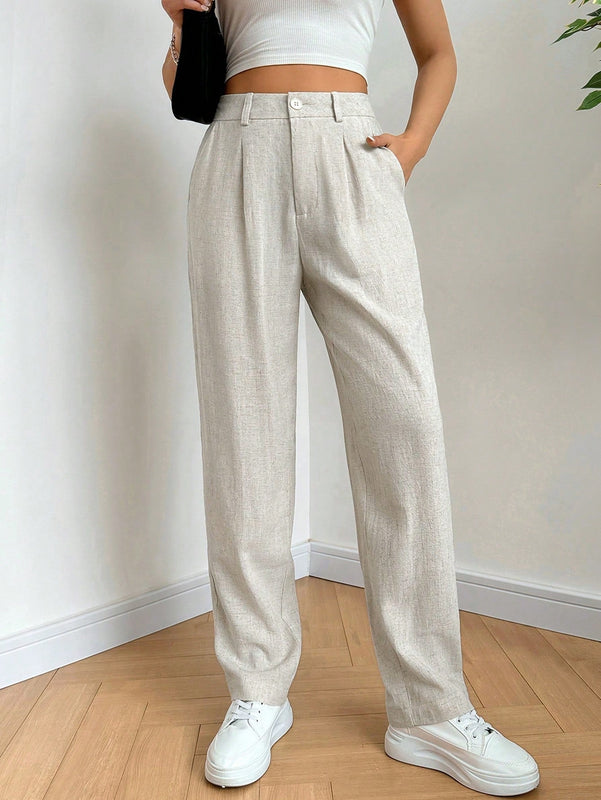 Ezwear pantalones de lino simples y diarios de unicolor para mujer con cinturon, ajuste delgado
