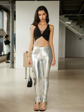 ICON Pantalones de mujer de cintura alta de color solido con dobladillo dividido y cintura elastica