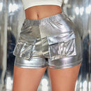 SXY Shorts brillantes plateados con bolsillos de trabajo 3D, traje de verano sexy para mujeres con revestimiento reflectante, uso para ropas/clothing de trabajo y de fiestas como atuendo de cumpleanos, en despedida de soltera, en conciertos y en clubes