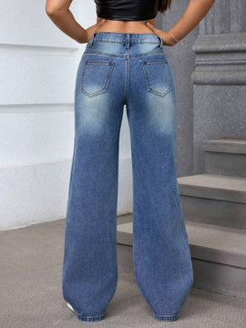 Essnce Mujeres Jeans casuales de pierna recta con agujeros rasgados y bolsillos de ajuste suelto