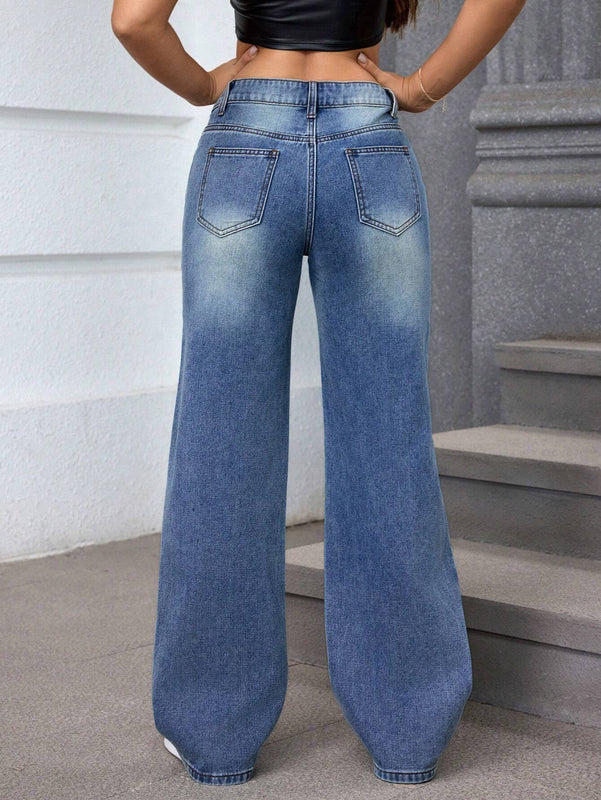 Essnce Mujeres Jeans casuales de pierna recta con agujeros rasgados y bolsillos de ajuste suelto