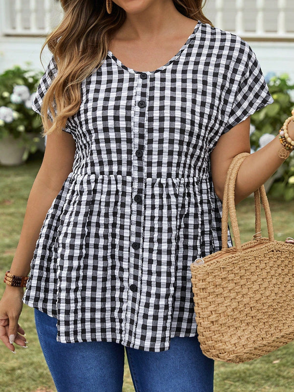 EMERY ROSE Camisa suelta de cuadros de verano para mujer con cuello en V, manga corta de murcielago y dobladillo con volantes