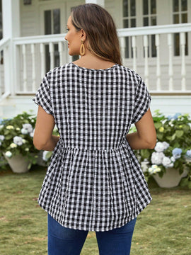 EMERY ROSE Camisa suelta de cuadros de verano para mujer con cuello en V, manga corta de murcielago y dobladillo con volantes