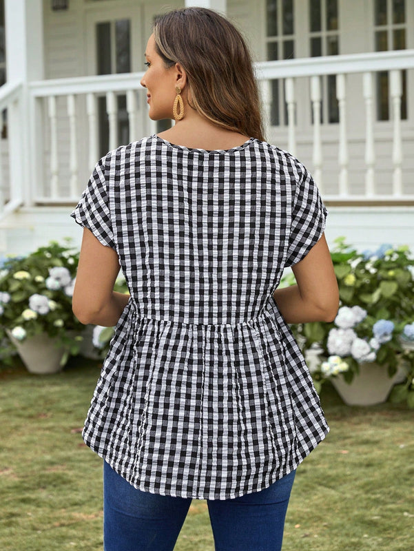 EMERY ROSE Camisa suelta de cuadros de verano para mujer con cuello en V, manga corta de murcielago y dobladillo con volantes