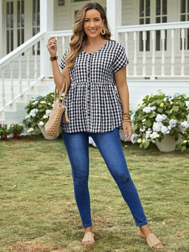EMERY ROSE Camisa suelta de cuadros de verano para mujer con cuello en V, manga corta de murcielago y dobladillo con volantes