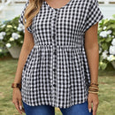 EMERY ROSE Camisa suelta de cuadros de verano para mujer con cuello en V, manga corta de murcielago y dobladillo con volantes